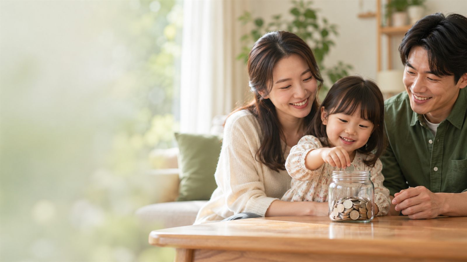 거실 테이블에서 아이가 동전 병에 동전을 넣고 부모가 함께 웃으며 지켜보는 모습
